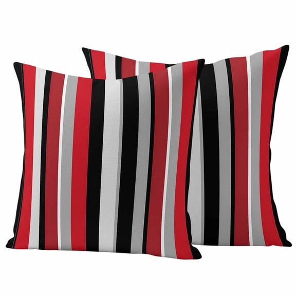 2 Pack Outdoor Waterproof Throw Pillow Covers,Black Red Grey Vertical Stripes Decorative Square Patio Pillowcases for Chair Couch Sofa 16x16in