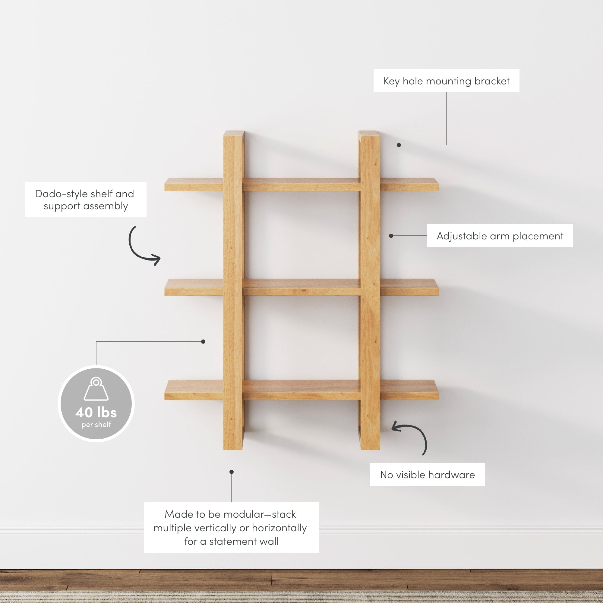 Nathan James Benji Floating Wall Book Shelves, 3-Tier Display Shelf, Decorative Modular Shelf in Solid Wood, Natural Brown