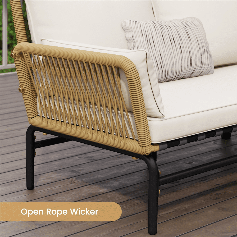 Renwick 3-Piece Wicker Rattan Patio Sectional Sofa Set with Table and Cushions, Tan/Cream