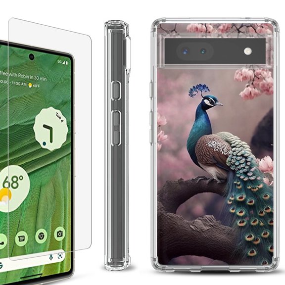 Shockproof Bumper Phone Case for Google Pixel 6a, with Tempered Glass Screen Protector, by OneToughShield ® - Peacock Flower