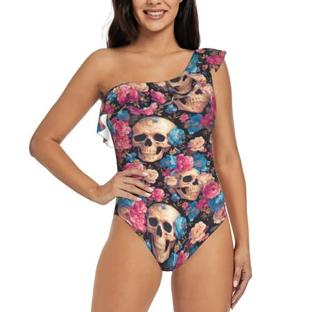 Uemuo Skull Blue Flower Print Women s One Piece Swimsuit Asymmetrical Neck Bathing Suit One Shoulder Side Cutout Ruffle Swimwear-Medium