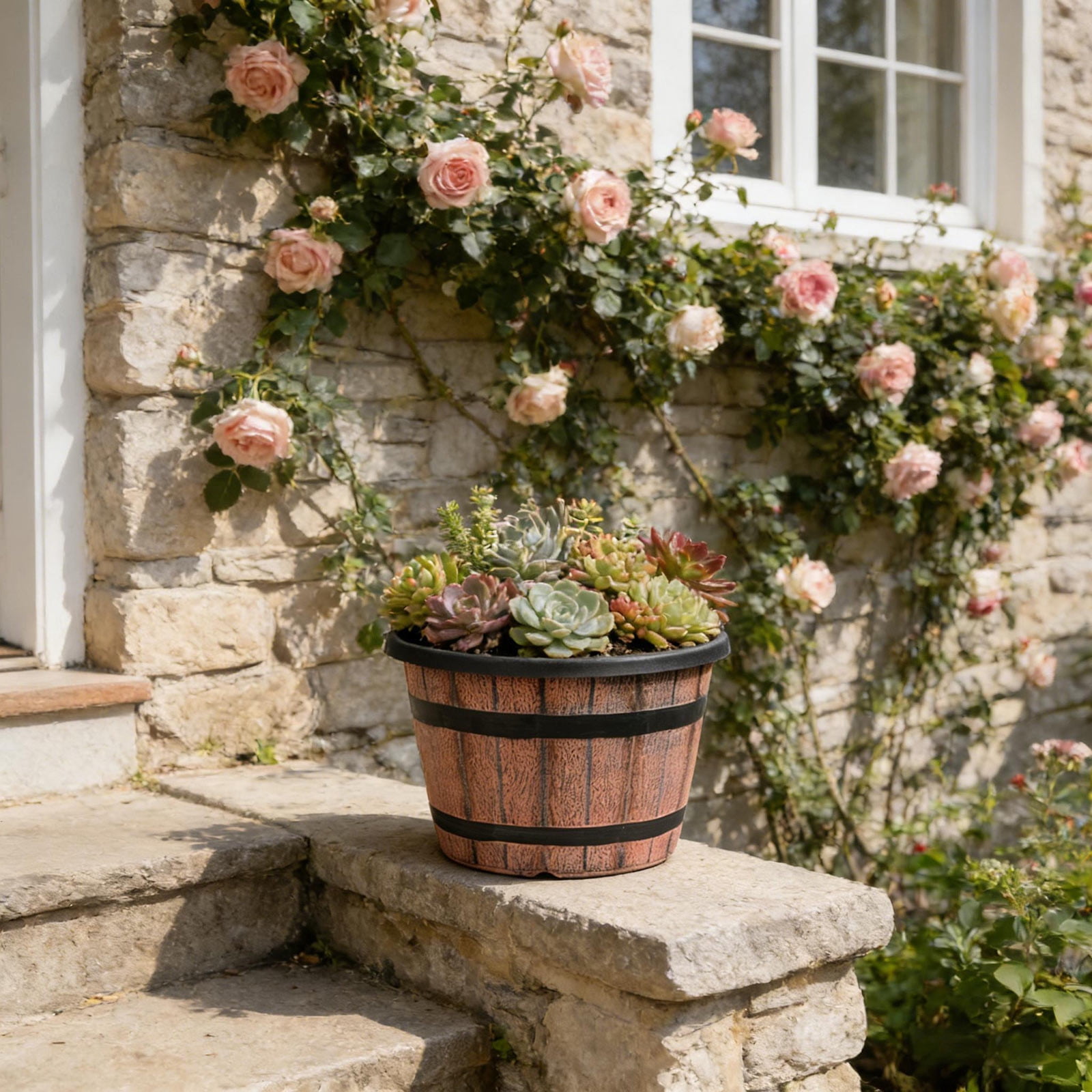 Wood-Effect Plastic Flower Pot with Natural Texture for Indoor and Outdoor Plants, Durable Home Decor Planter with Matching Base Tray, Versatile Gardening Container for Flowerss and Potted Plants