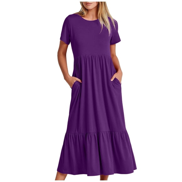 Penkiiy Womens Summer Casual Short Sleeve Crewneck Swing Maxi Dress Flowy Asymmetric Tiered Beach Dress with Pockets XL Purple