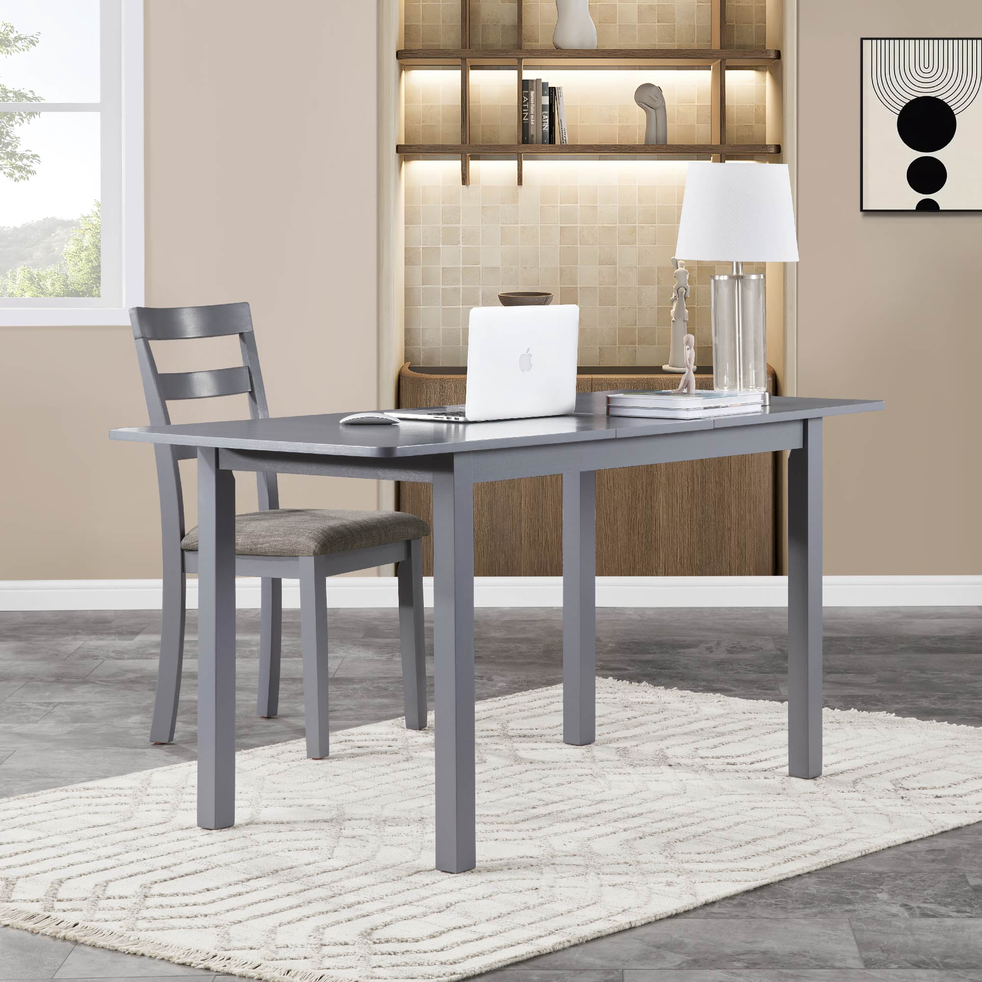 MAYEERTY 59'' Extendable Dining Table – Modern Wooden Kitchen Table for 4-8 People, Space-Saving Design for Dining Room, Office, and Living Room,Dark Gray