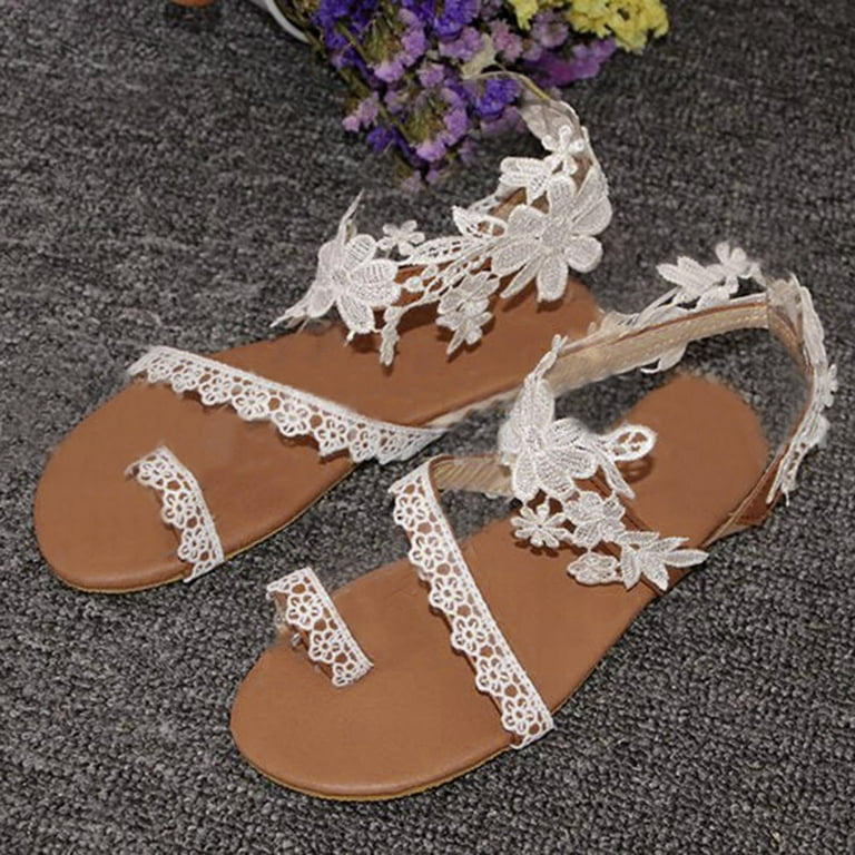 Lace Sandals Women Girls 2023 Dressy, Off White Lace Wedding Sandals, White  Toe Ring Thong Flat Sandals,Casual Lace Floral Beach Flip Flop ,Spring  Summer Cute Sandals Shoes 
