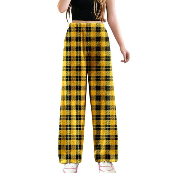 Fiaer Women's Pajamas Pants Plaid Plus Size Color Blocking Sleepwear Trousers Elastic Waisted Casual Trendy Comfort Pjs Joggers Yellow XL