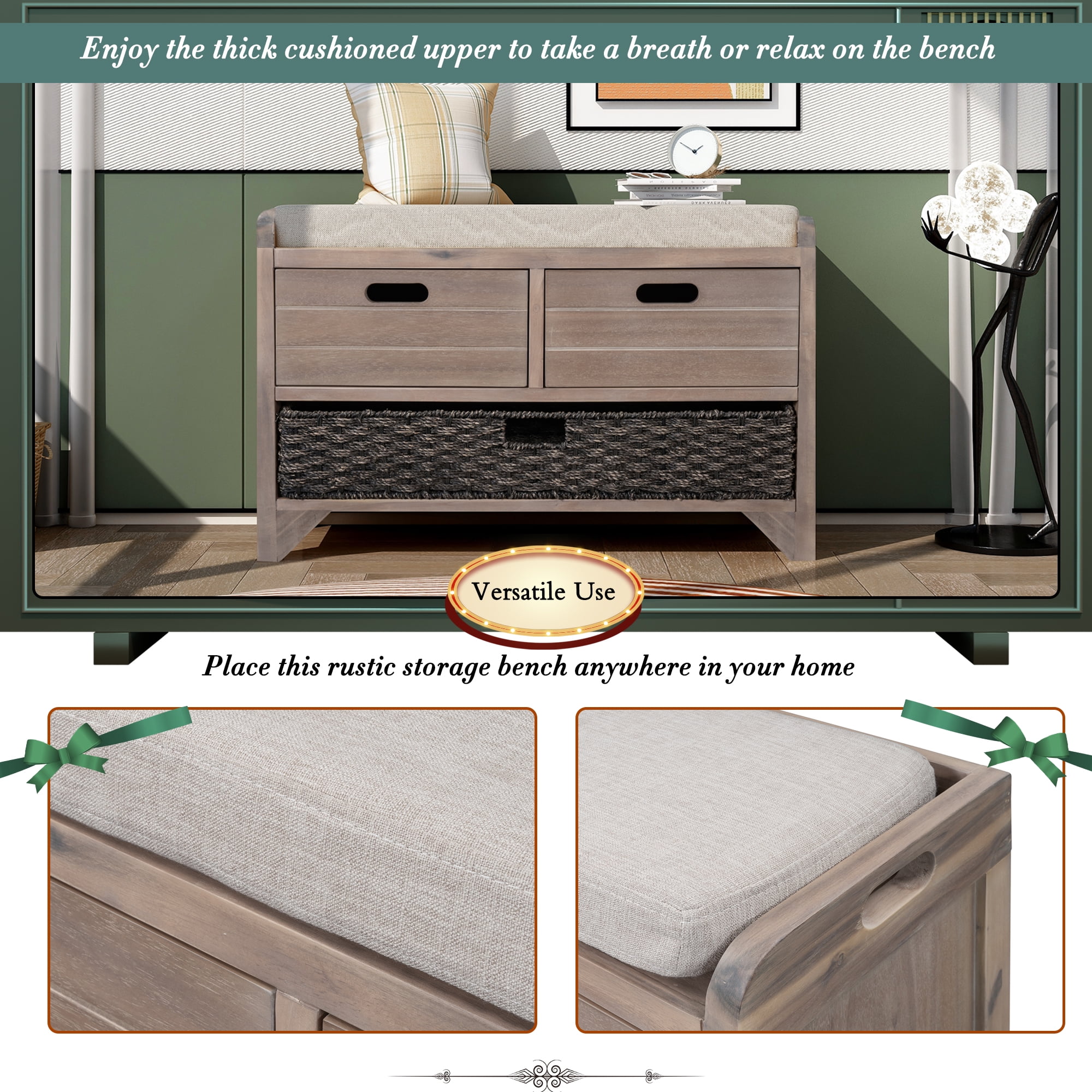 Aukfa Wood Storage Bench with Removable Basket and 2 Drawers for Entryway - Light Brown