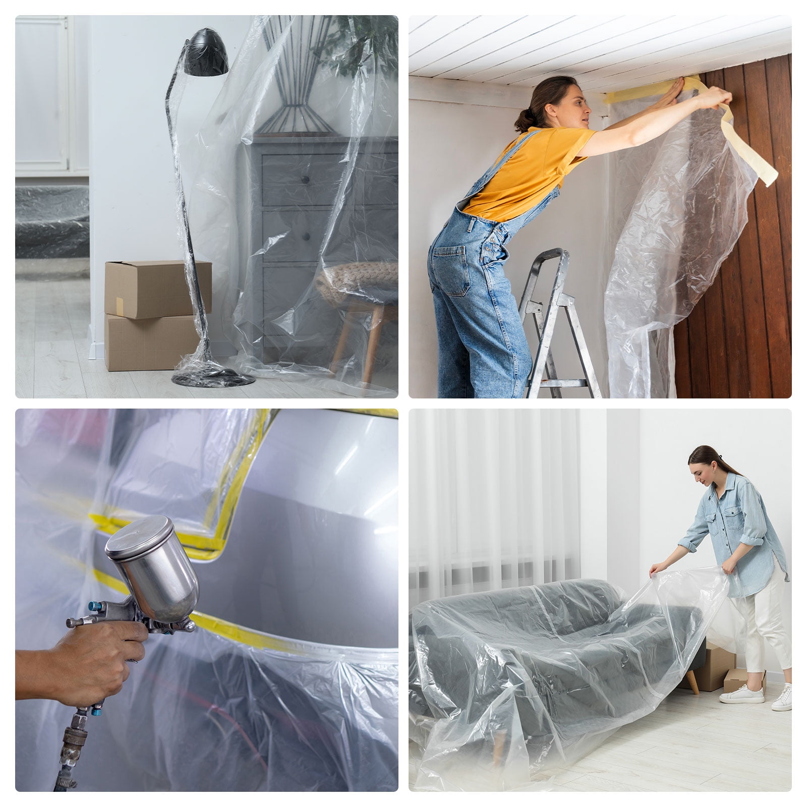 Uxcell Pre-Taped Masking Film 157.5"x65.6ft Double Adhesive Tape and Drape Painters Plastic Drop Cloth Film with Tape Plastic Sheeting for Automotive Painting Covering