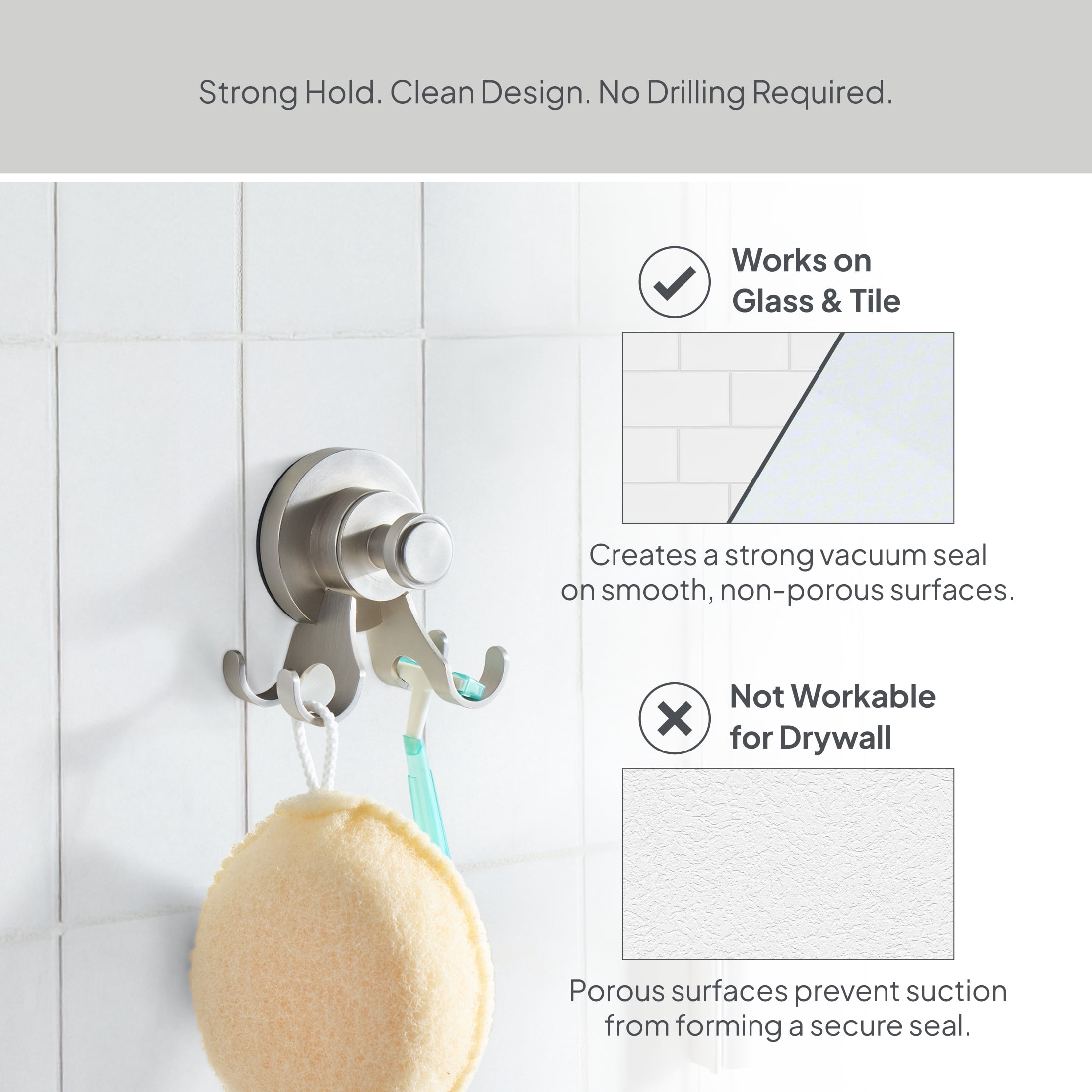 Better Homes & Gardens StyleGrip™ Suction Mount Shower Multi-Hook, Satin Nickel