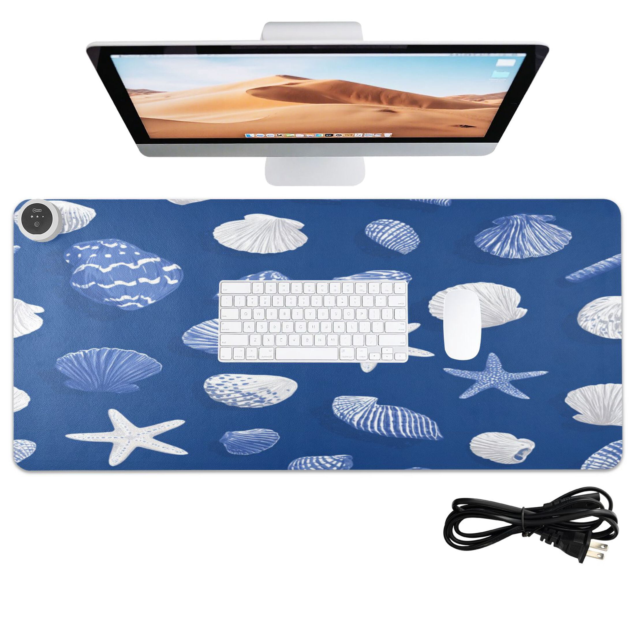 Large Heated Desk Mat Mouse Pad 31.5"x13"PU Leather Graphene Heating Desk Warmer with 3 Temperature Settings 110V US Plug Non-Slip Warm Pad for Home, Office, and Gaming Fresh Coastal Seashell Pattern