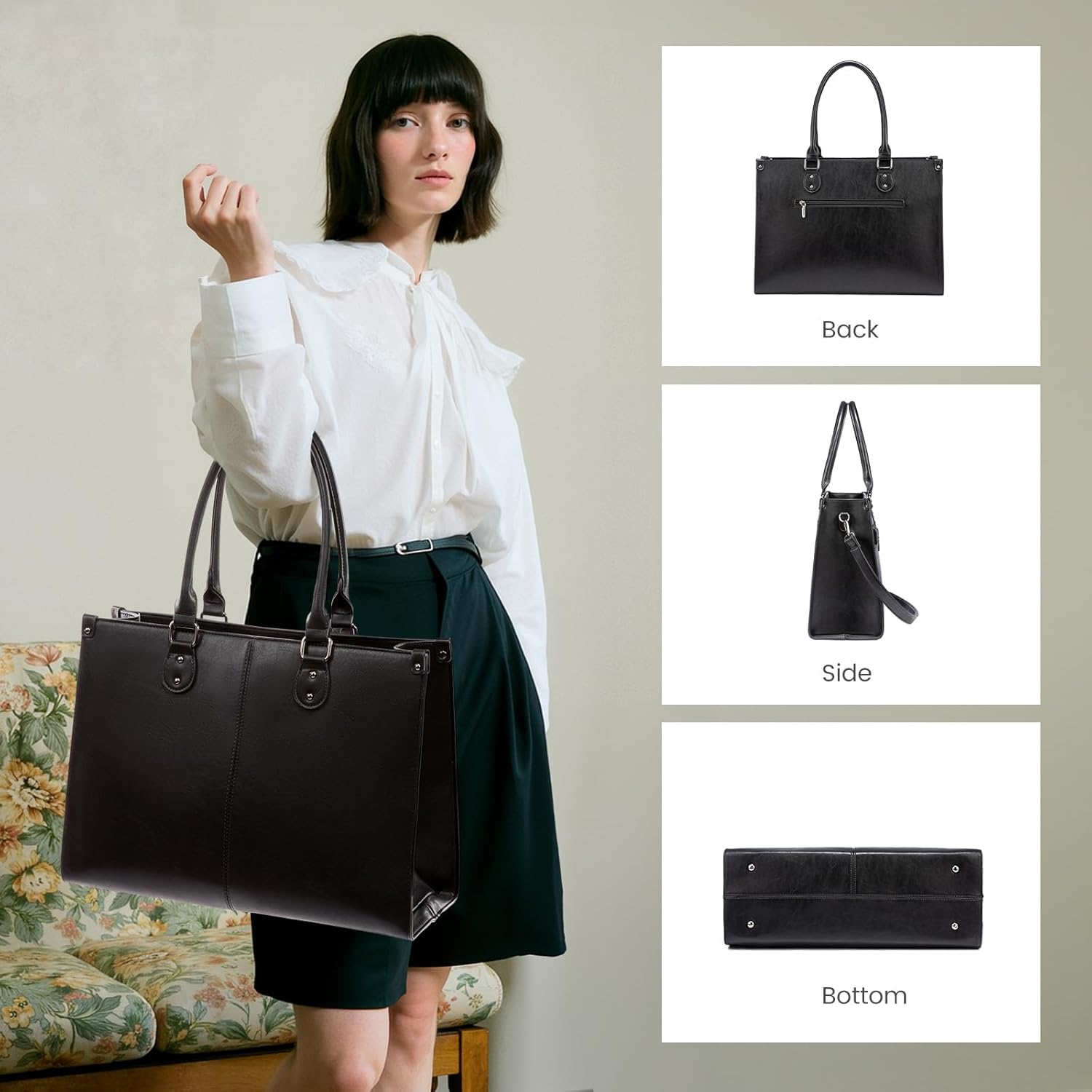 LOVEVOOK Laptop Tote Bag for Women, 15.6 Inch Large Capacity Vintage Leather Work Computer Bag, Business Casual Shoulder Handbag, Dark Brown
