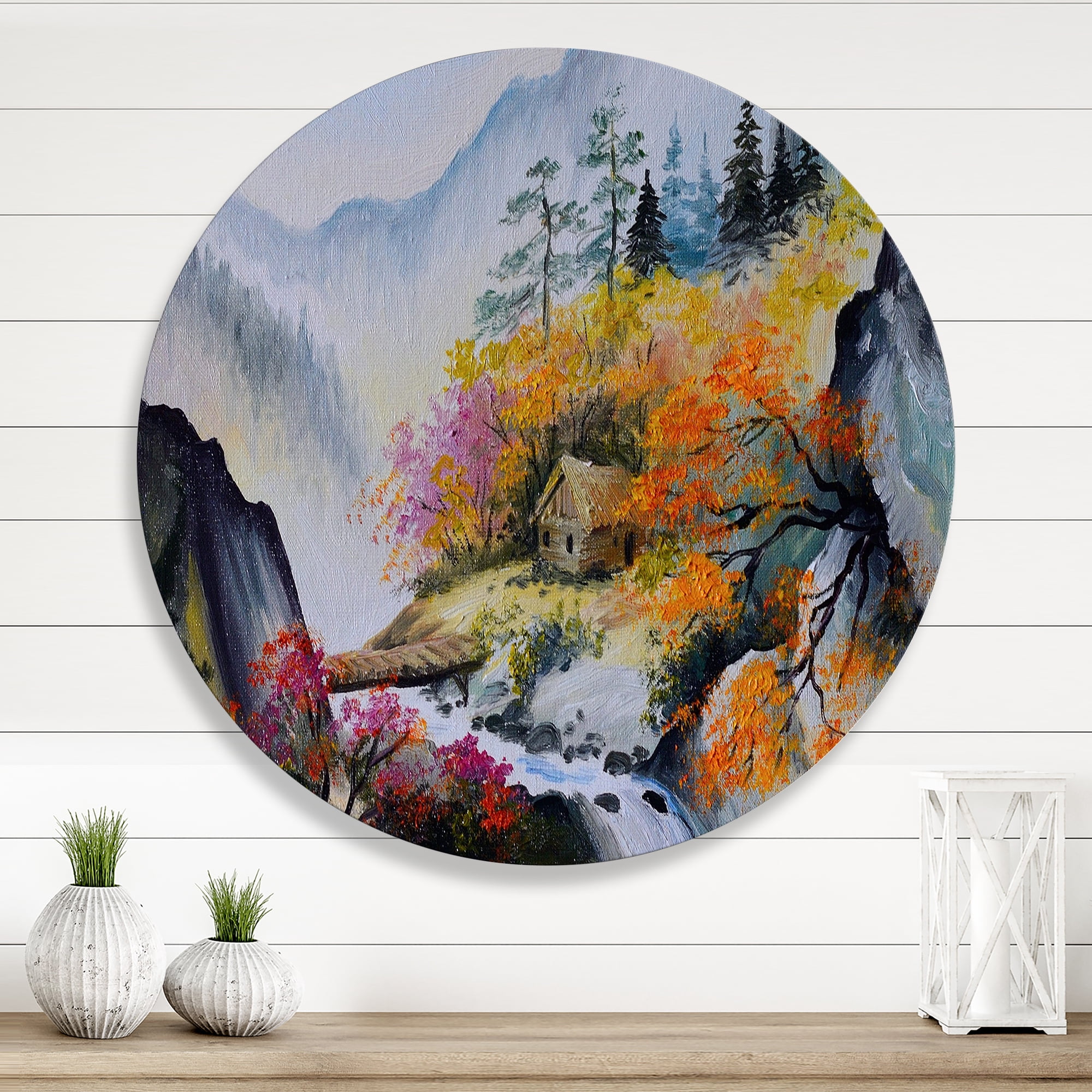 Designart 'VIbrant Mountain Landscape With Little House' Traditional Circle Metal Wall Art 11x11 - Disc of 11