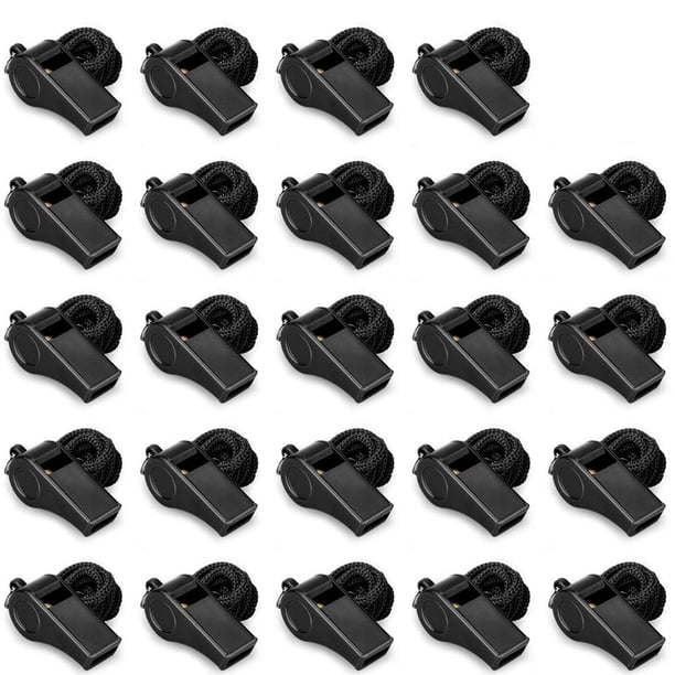 Hipat Paquete de 24 Silbatos Negros con Cordón Silbato de plástico Engrosado Duradero Silbatos de Sonido Fuertes y nítidos Bluk para Entrenador Árbitro Deportes Emergencia Oficial