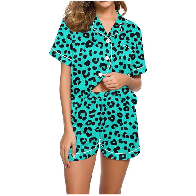 Tnhcen Ensemble de Pyjama Aguichant à Imprimé Léopard pour Femmes, Manches Courtes, Col en V, 2 Pcs, P-2TG