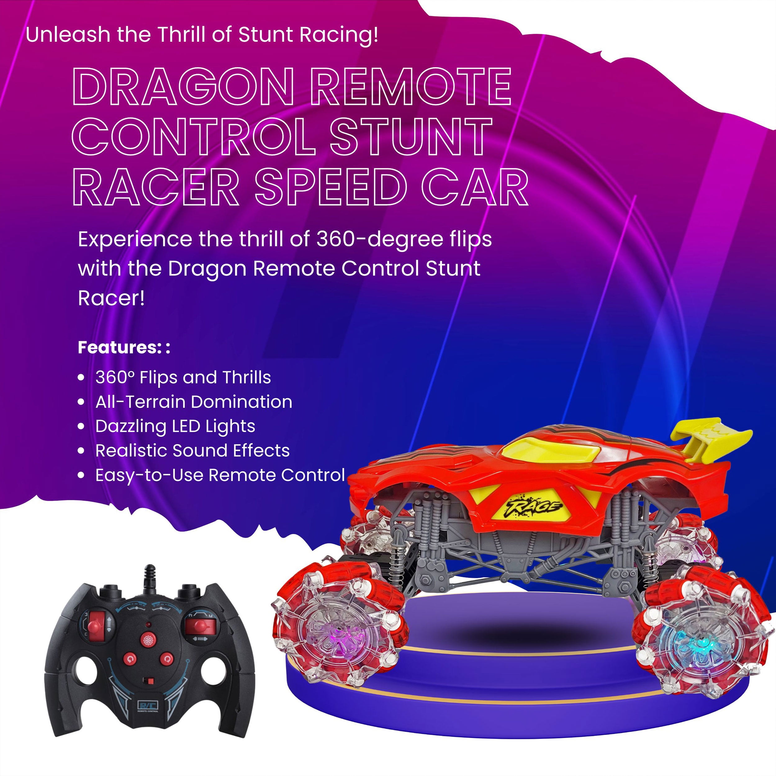 Remote Control Monster Truck 1:16 Scale – 2.4 GHz Stunt & Drift RC Car with Light-Up Headlights, 360° Rotating Crawler for Kids