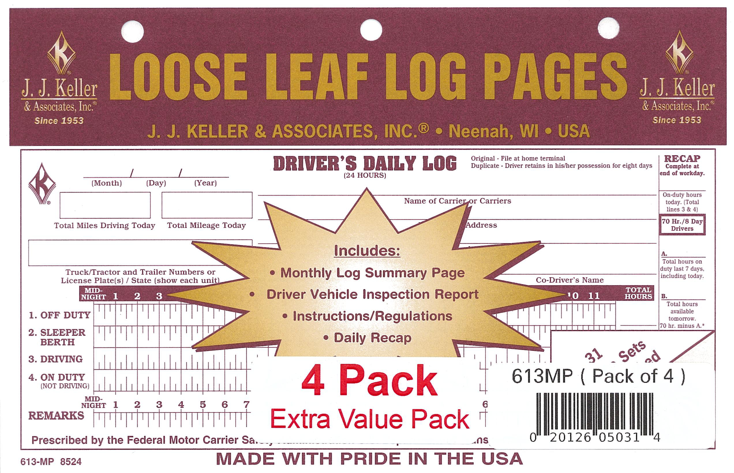 J.J Keller 8524 Loose Leaf Drivers Daily Log Sheet with DVIR