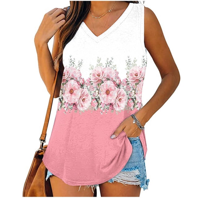 Camisoles pour Femmes Débardeurs Imprimés Col en V Basique Décontracté Fluide Été Sans Manches T-Shirt