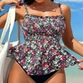 thumbnail image 4 of Women's Trendy Padded Bathing Suits Smocked Floral Tummy Control Swimsuits Peplum Swim Top Bottom 2 Piece Flowy Swimwear Black, M, 4 of 5