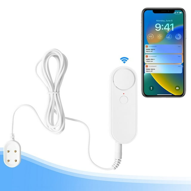 2.4GHz WIFI Water Sensor 90dB Alarm, Smart WIFI Water Leak Detector with Double-Sided Probe, Sensitive Water Level Detector with 6.56ft Line, Tuya APP Remote Monitoring
