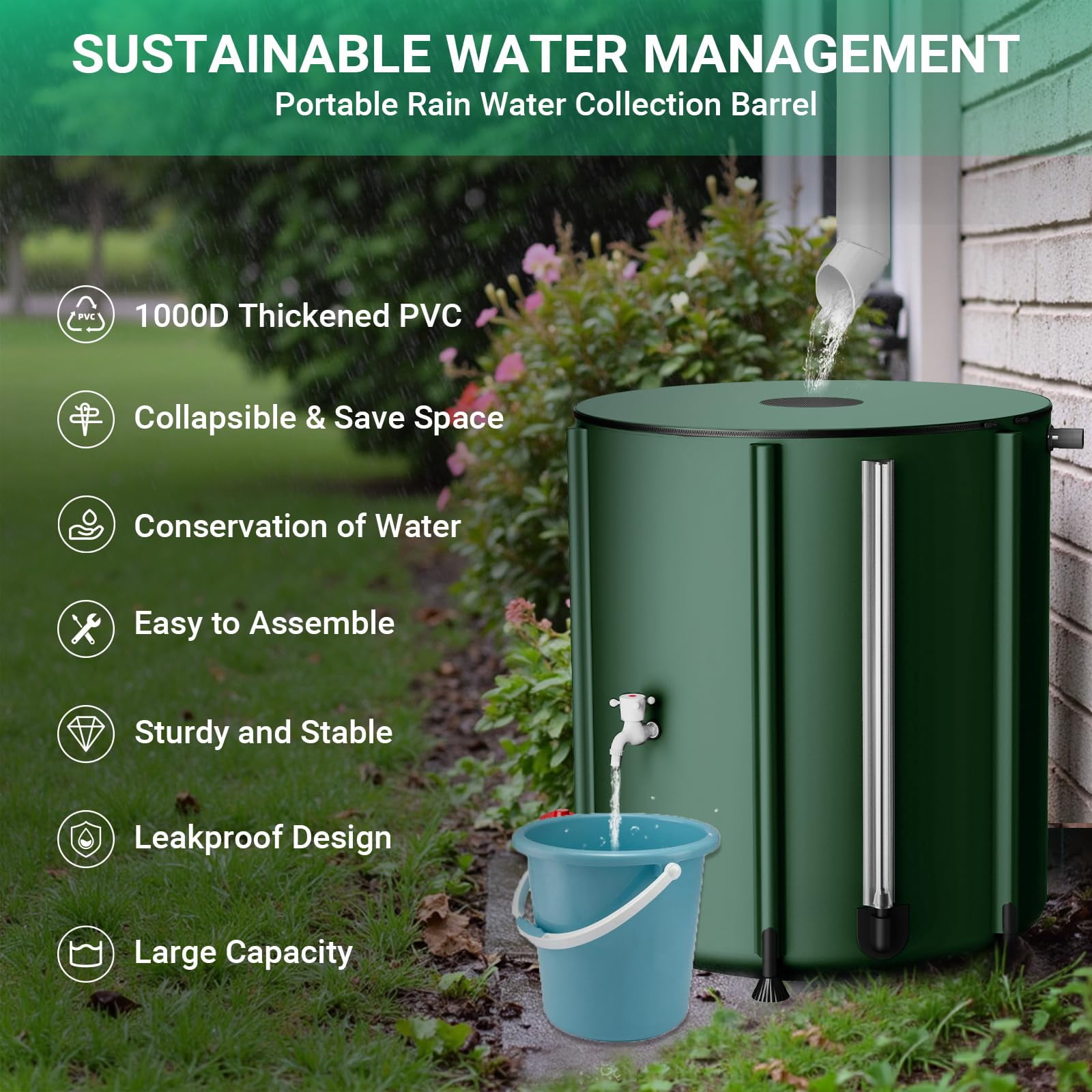 53 Gallon Collapsible Rain Barrel 1000D Rainwater Collection Storage Tank with Garden Hose