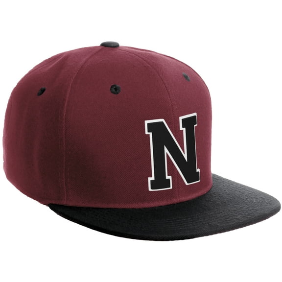 Daxton Classic Snapback Hat Custom A to Z Initial Varsity Letters, Burgundy Black Hat White Black Letter N