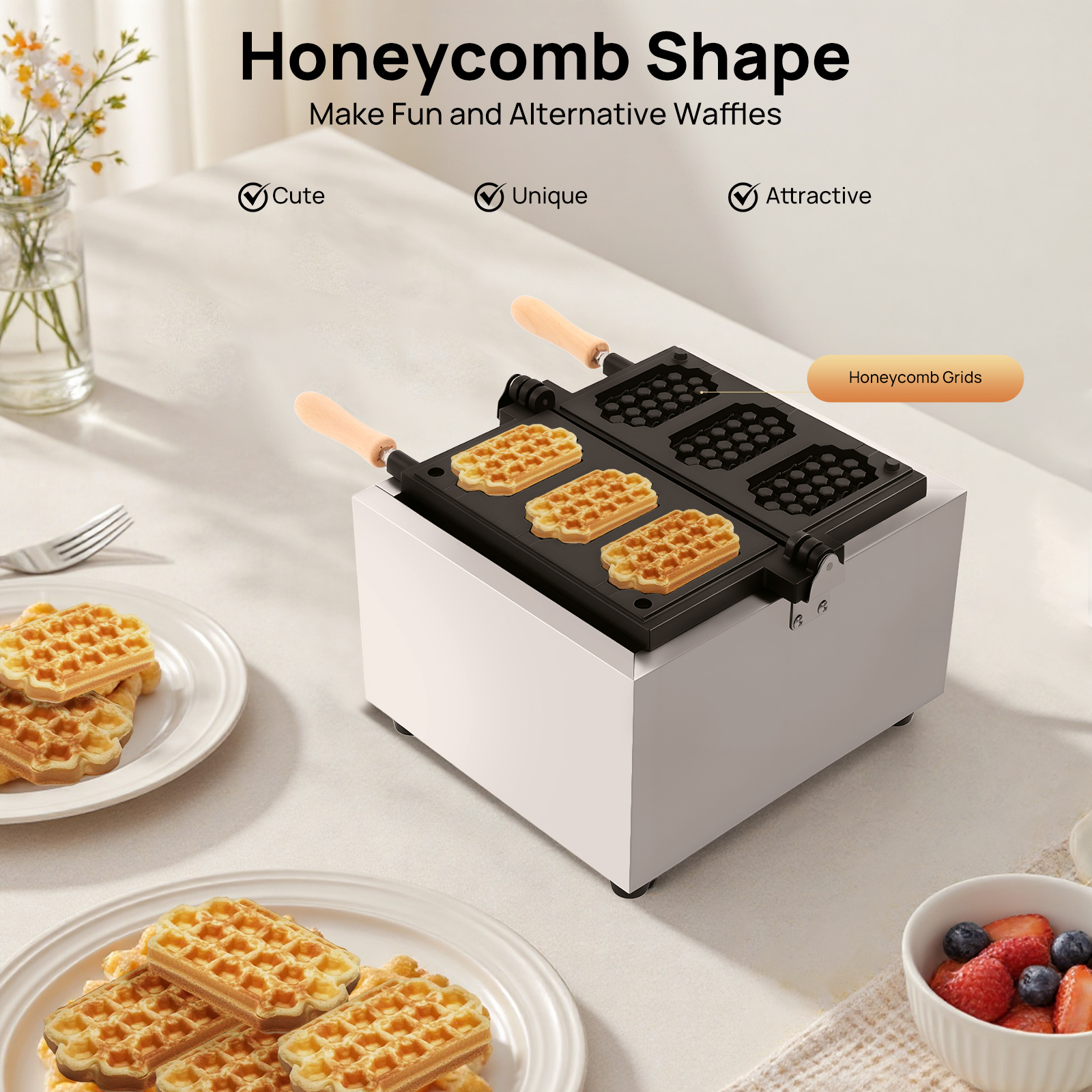 1500W Stainless Steel Waffle Maker Machine Egg Cake Oven Puff Bubble Cake Baker for  Commercial, Family Use, Parties, Cafes, Tea Houses