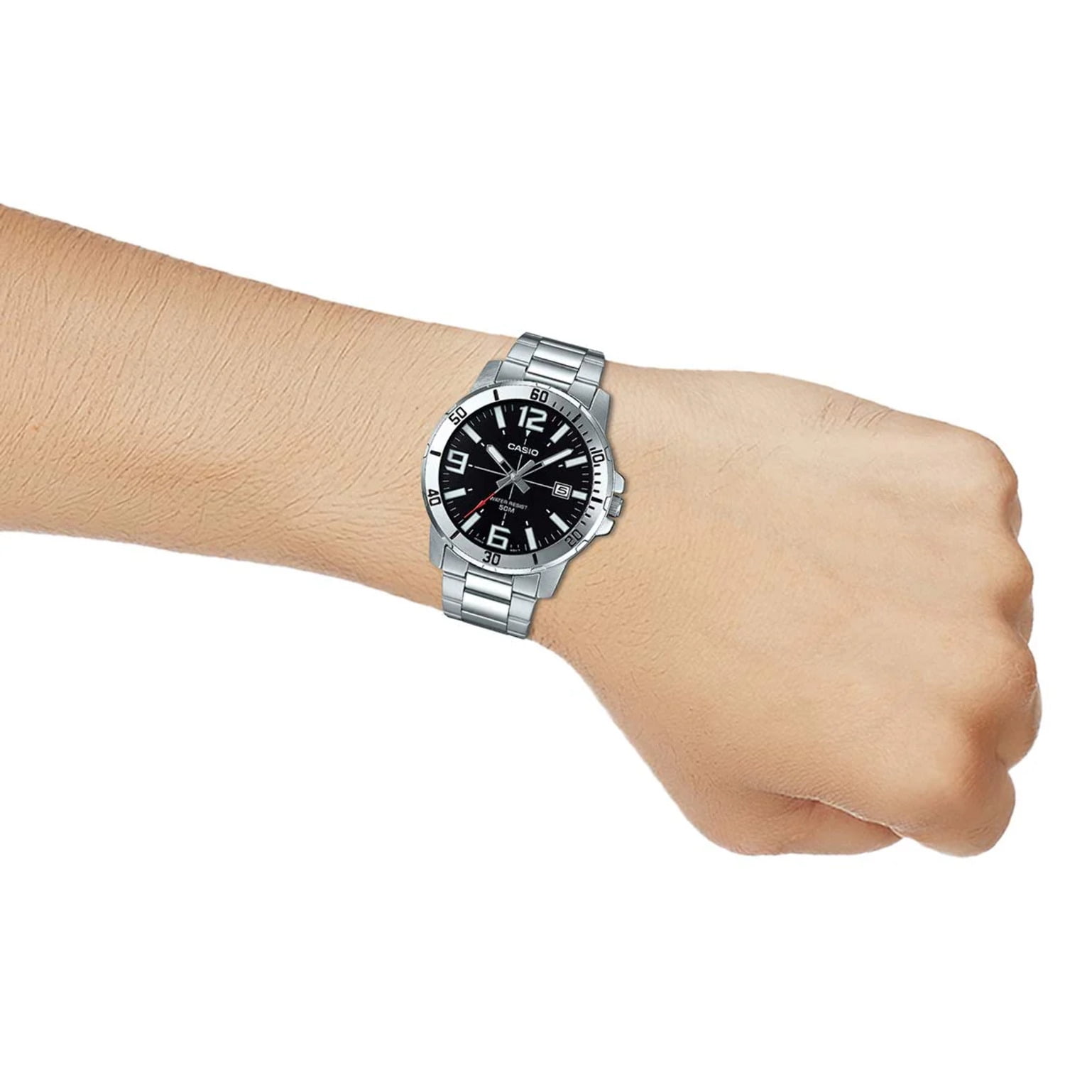 Mens Analog Stainless Steel Band and Case Silver Black Dial 50-meter Water Resistance Watch MTP-VD01D-1BVUDF