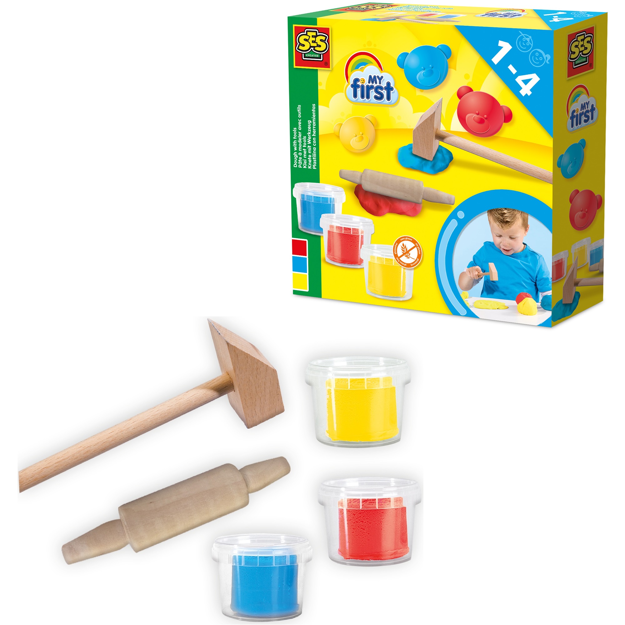 SES Creative: My First Dough With Tools - 3 Color 3oz Tubs, Red-Blue-Yellow, 2 Wooden Tools, Gluten-Free Play Dough, Sensory Play, Baby-Toddler-Kid 1+