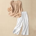 thumbnail image 2 of Pxiakgy Linen Sets for Women 2 Piece Women's Casual Embroidered Top and Cotton Linen Long Pants Two Piece Set Short Sleeves Tops Wide Leg Trouser Pants Suits Summer Casual Dressy Linen Sets Khaki Xl, 2 of 8