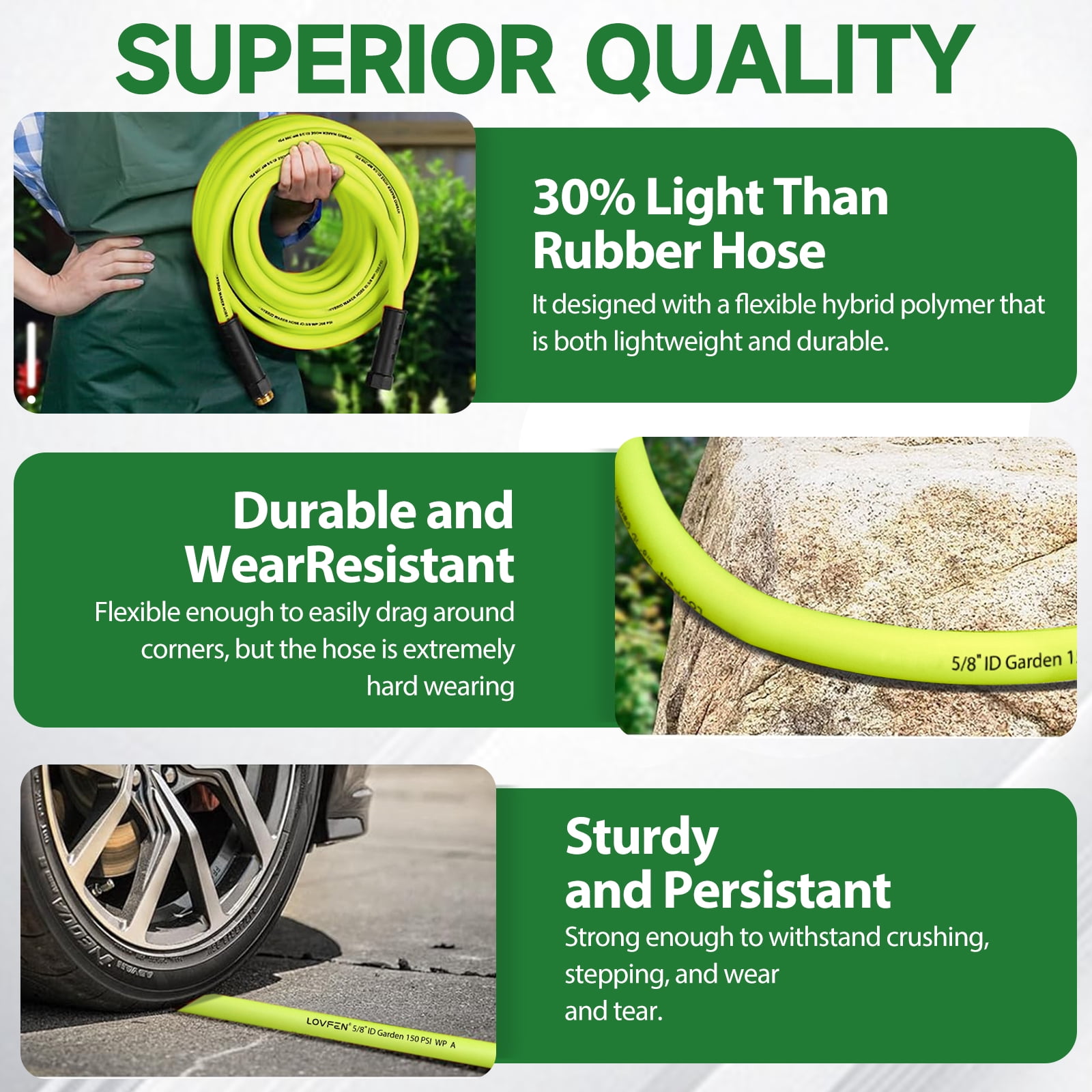 LOVFEN 50ft heavy-duty rubber garden hose, non-knotting, durable, flexible, leak-proof, safe for drinking water, suitable for home, outdoor, lawn, garden, industrial