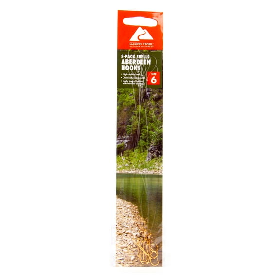 Ozark Trails Gold Aberdeen Size 6 Snelled Hooks for Freshwater Fishing, 8 Hooks Per Package