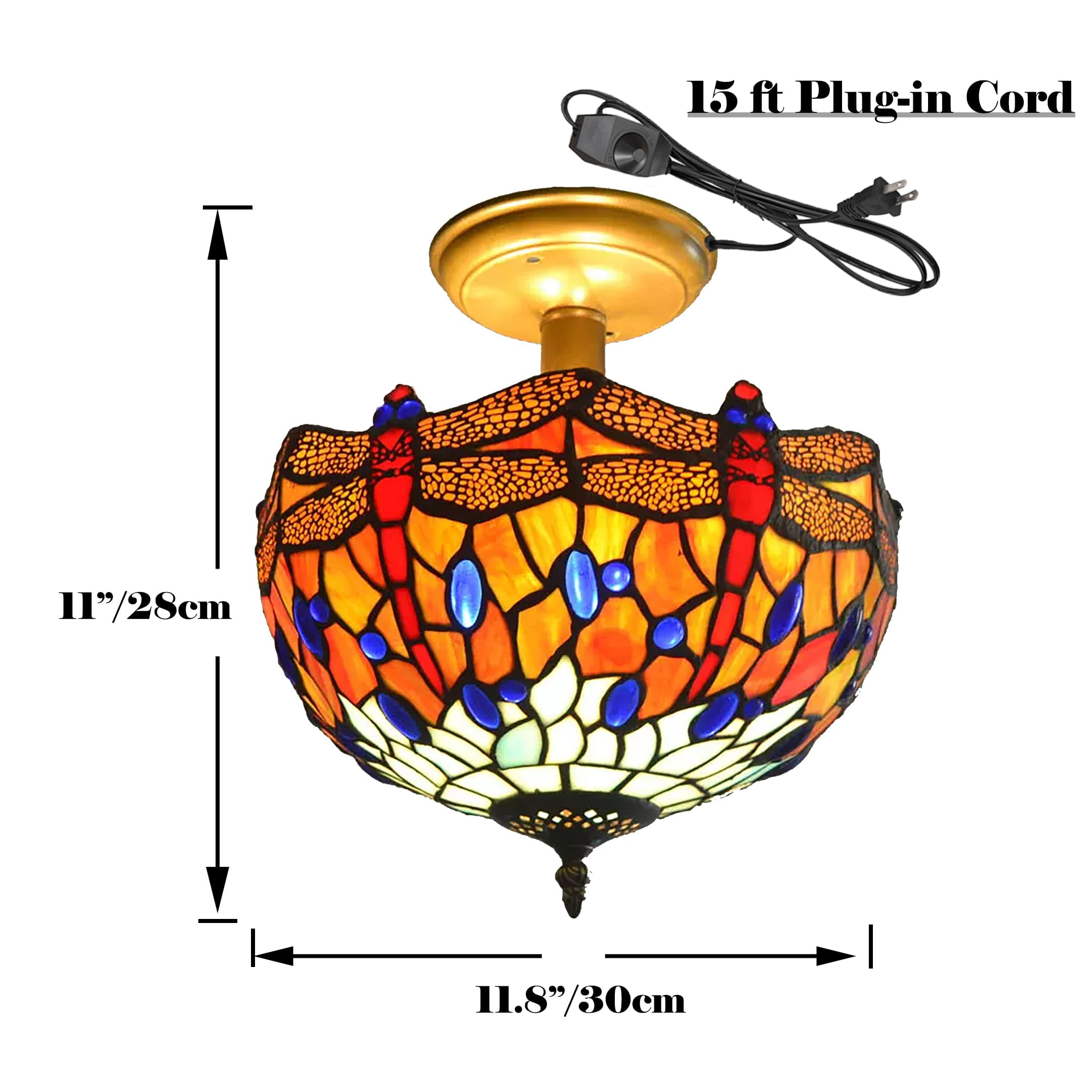 Kiven 11.8in Plug-in Flush Mount Ceiling Light Fixture, 2-Light Anti Glare Close to Ceiling Light with 15FT Cord, Tiffany-Style Glass Chandelier Dimmable for Bedroom Kitchen Hallway(No.3181)