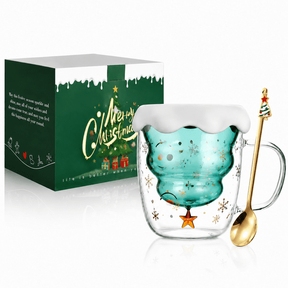 Cute Christmas Coffee Mug Glass Tea Cup | Milk Cup Glasses Double Wall Insulated, Best Christmas for Women,Men,Kid, Office and Personal Gifts With Spoon