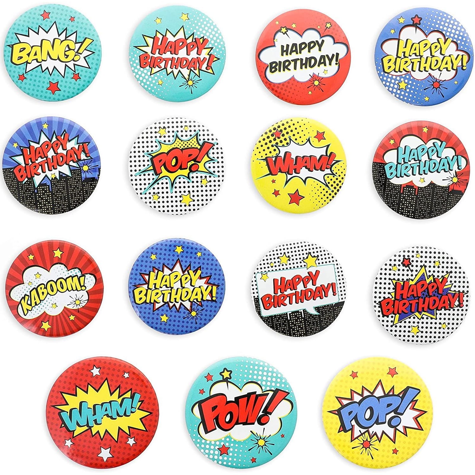 15-Pack Comic Book Birthday Pin Back Buttons Super Hero Party Favor Supplies 