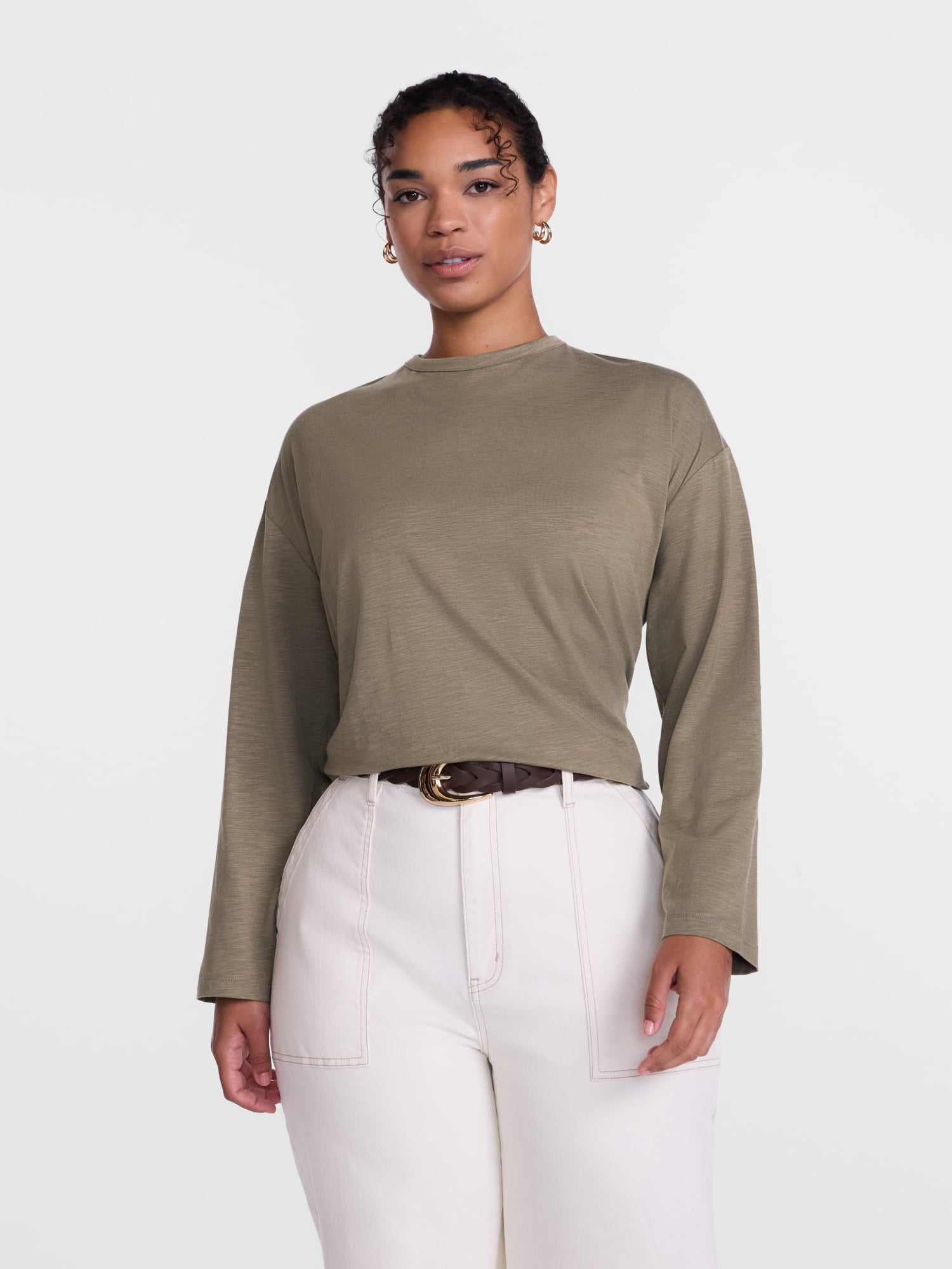 Scenario Women's and Women's Plus Relaxed Slub Tee with Long Sleeves, Sizes XS-4X