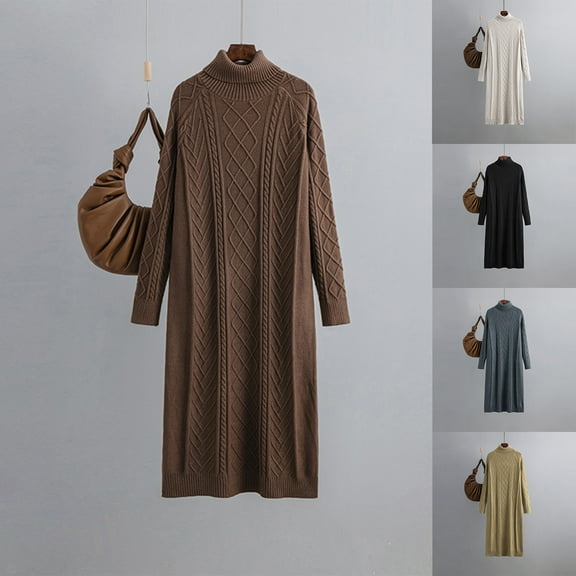 Meichang Turtleneck Cable Knit Sweater Dress for Women Chunky Long Sleeve Loose Fit Knee Length Pullover Sweater Dress Fall Winter Casual Knit Dresses