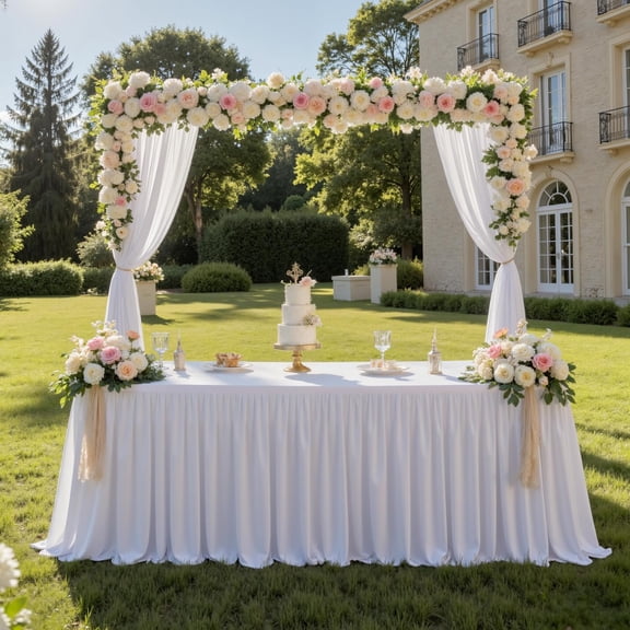 72inch White Polyester Table Skirts for Rectangle Tables 6ft(Cover Front), Wrinkle Free Pleats Ruffle Cloth Table Skirt for Banquet Wedding Party Cake Dessert Craft Gift Tables tions