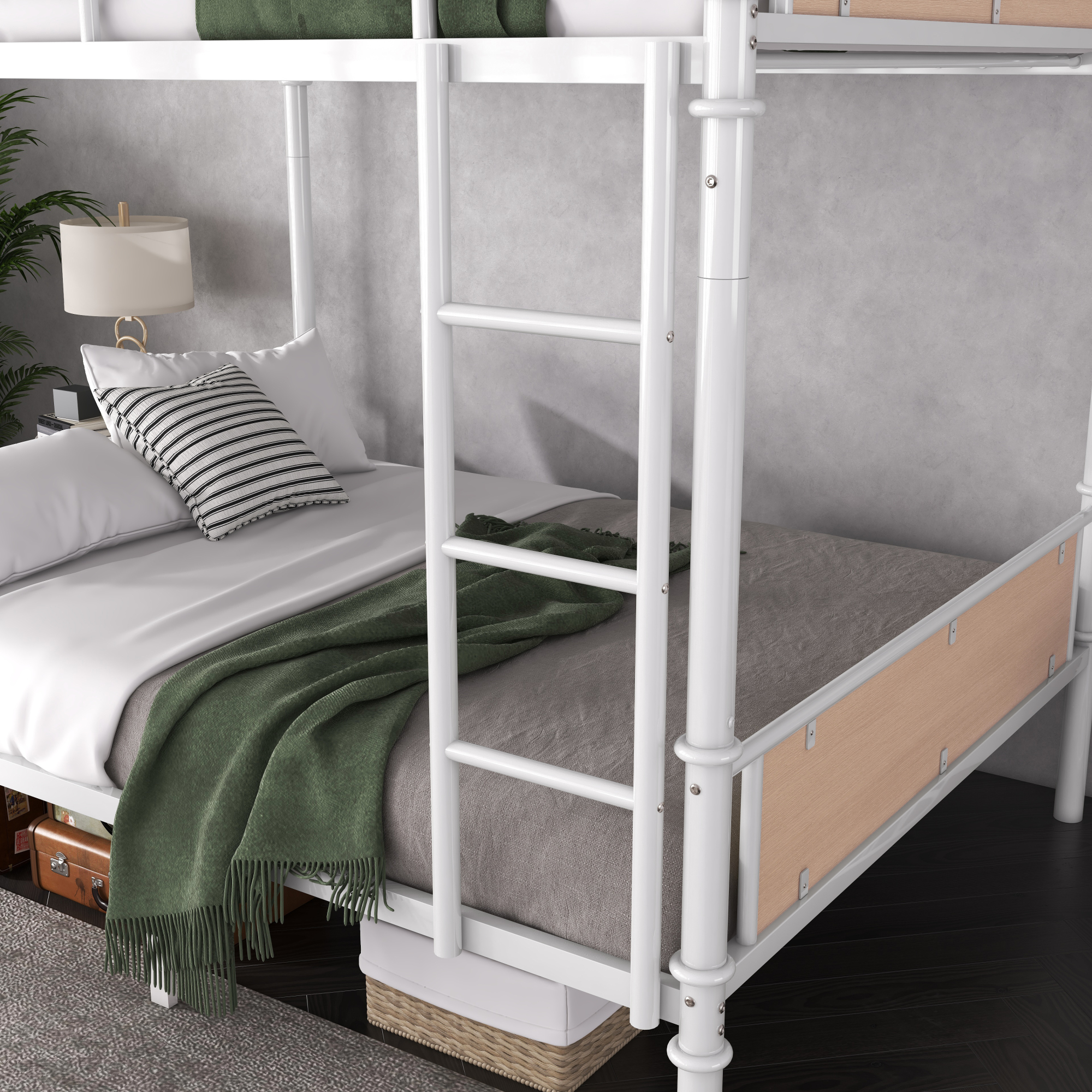 Twin XL over Twin XL Bunk Bed, Industrial Style Metal Bunk Bed with Safety Guard Rails for Teens and Adults, Easy Assembly, White