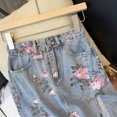 thumbnail image 5 of Mohiass Women Floral Print Long Denim Jean Skirt Printed Midi A Line Skirt Side Slit Denim Jean Flare Skirt Blue XL, 5 of 9