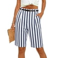 thumbnail image 3 of Striped Shorts Women High Waisted Knee Length Bermuda Shorts Summer Beach Vacation Casual Loose Fit Shorts with Pockets Blue, 3 of 8
