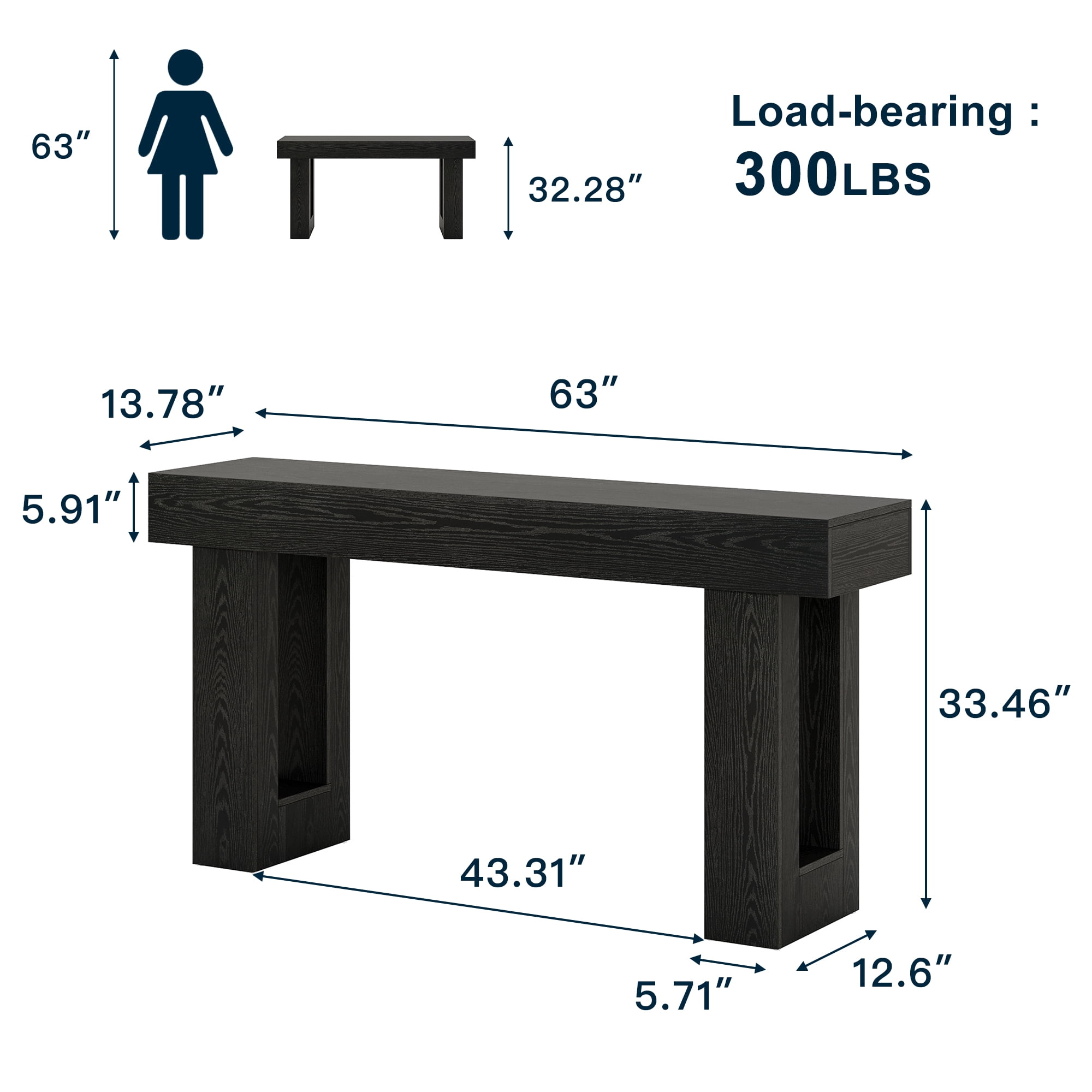 Demi Bonn 63" Console Table, Farmhouse Wooden Sofa Table Entryway Table for Hallway, Entrance, Living Room, Bedroom, Black