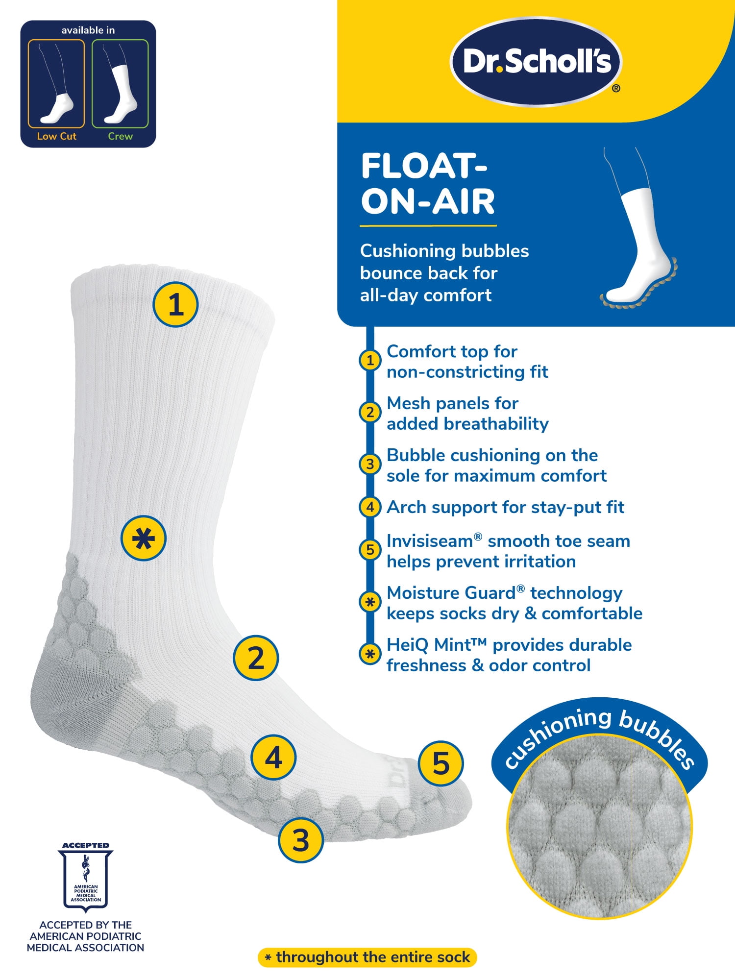 Dr. Scholl's Men's Crew Socks Float on Air, 3-Pack with Moisture Guard and Odor Control