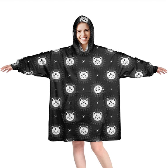 Wearable Oversized Blanket,Black White Cat Moon Star Pattern Wearable Blanket Hoodie for Adults,Cozy Hooded Blankets with Super Pockets,Super Warm Fuzzy Pullover for Women & Men