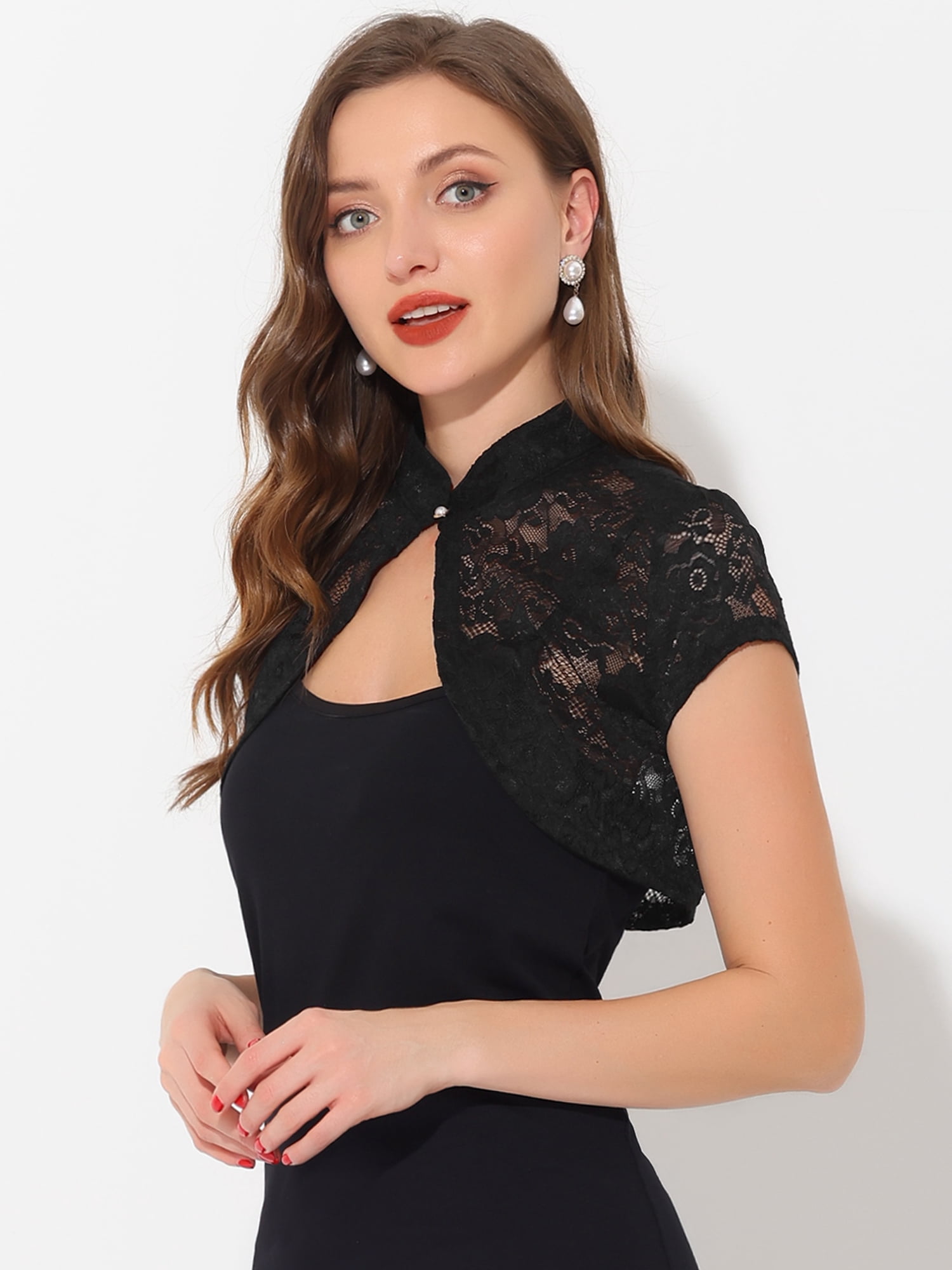 DARING DIVA Lace Cardigan Stand Collar Short Elegant Shrug XL Black