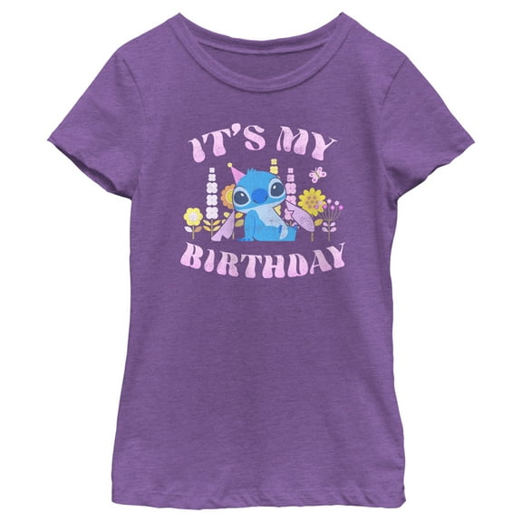 Girl's Lilo & Stitch It's My Birthday Distressed  Graphic Tee Purple Berry Medium
