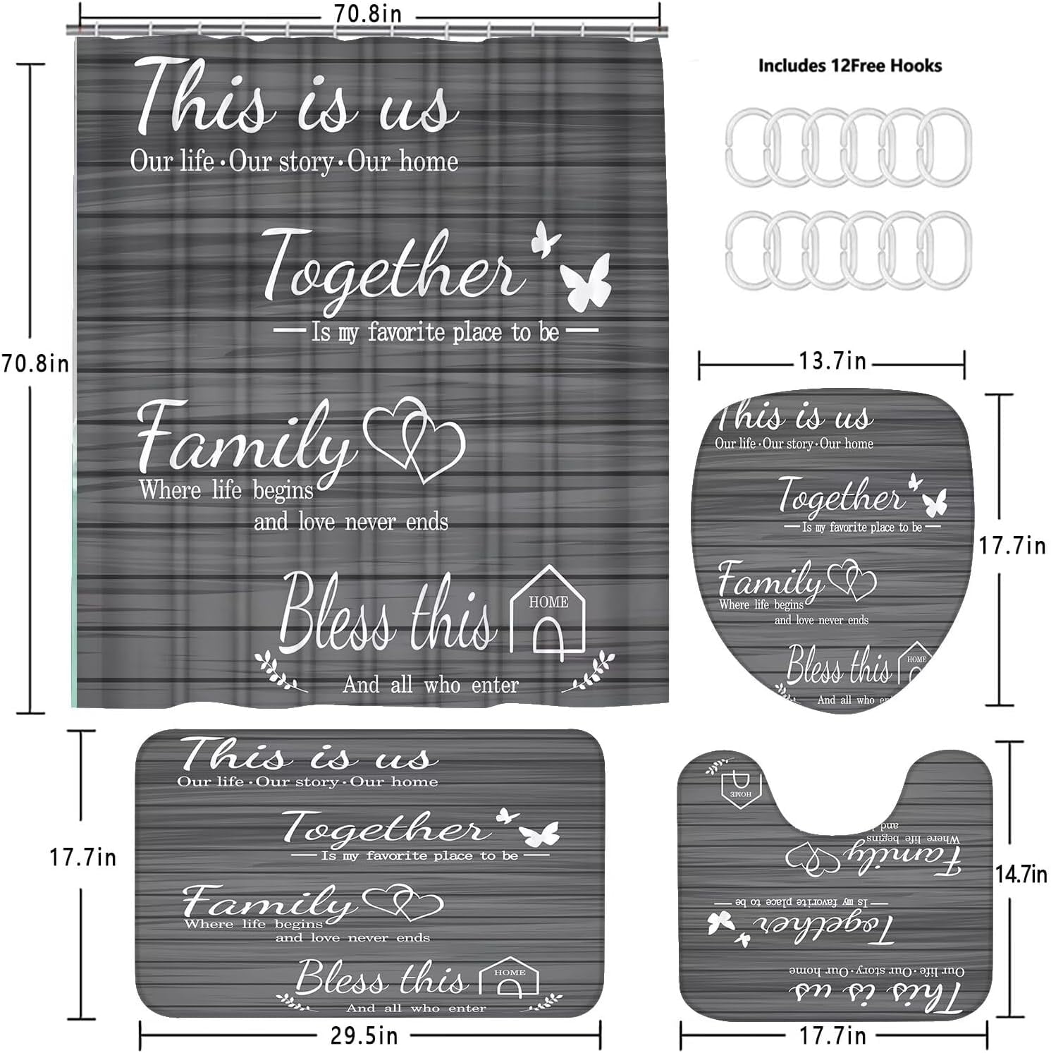 Family Shower Curtain Set Black Home Bathroom Set with Shower Curtain and Rugs and Accessories Bathroom Decor Curtain with 12 Hooks