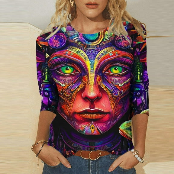 Fznquz 3/4 Length Sleeve Tees for Women Mardi Gras Casual Purple T Shirt Fashion 2025 Mask Graphic Ladies Blouse
