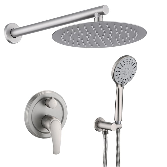 JERFIT 10 Inch Brushed Nickel Shower System, Wall Mounted Rainfall Showerhead with 5-Spray Handheld, High Pressure Valve and Tub Spout
