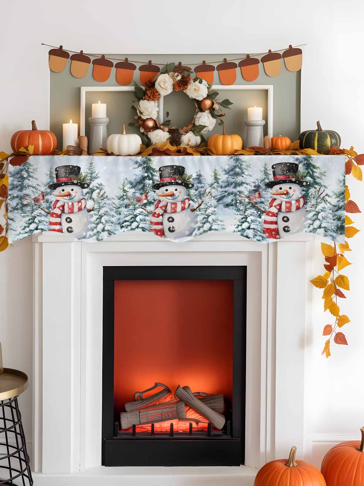 Christmas Red Snowman Fireplace Mantle Scarf Winter Snow Scene Pine Tree Forest Bird Mantel Cover Runner Fireplace Cloth for Holiday Party Home Living Room Decor 60 x 17 Inch