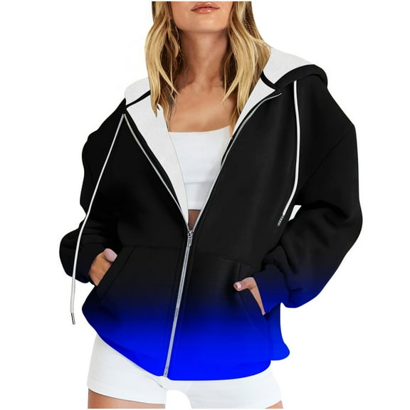VSSSJ Women's Oversized Zip Up Trendy Sweatshirt Hoodies Gradient Printed Fashion Hooded Long Sleeve Drawstring Comfy Jacket with Pockets Black S